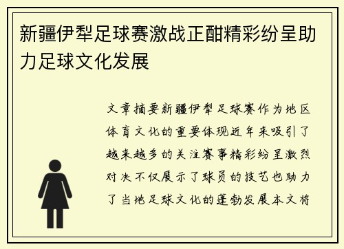 新疆伊犁足球赛激战正酣精彩纷呈助力足球文化发展