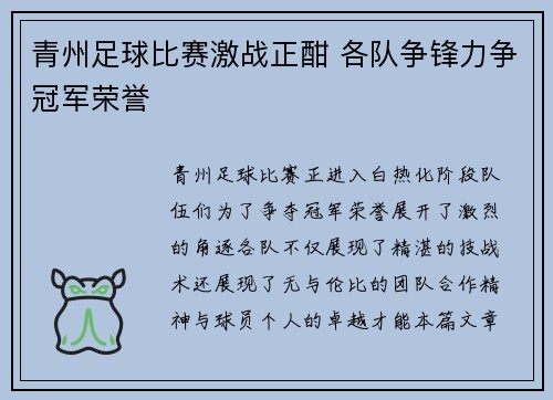 青州足球比赛激战正酣 各队争锋力争冠军荣誉