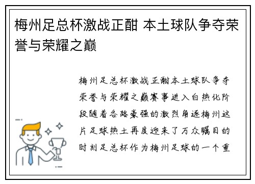 梅州足总杯激战正酣 本土球队争夺荣誉与荣耀之巅