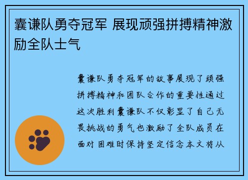 囊谦队勇夺冠军 展现顽强拼搏精神激励全队士气