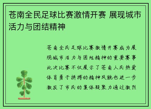 苍南全民足球比赛激情开赛 展现城市活力与团结精神