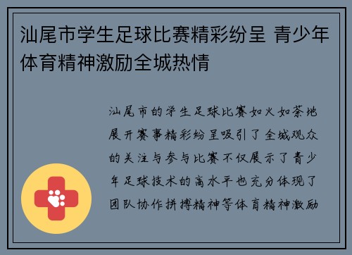 汕尾市学生足球比赛精彩纷呈 青少年体育精神激励全城热情