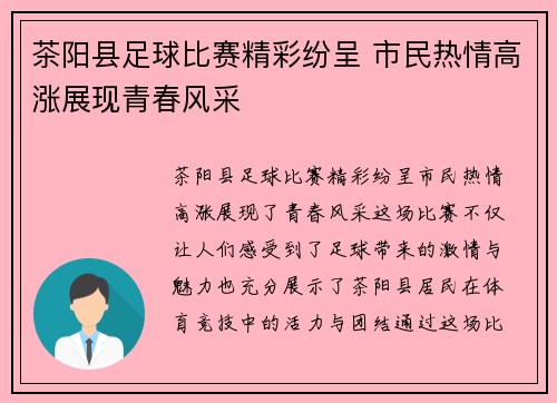 茶阳县足球比赛精彩纷呈 市民热情高涨展现青春风采