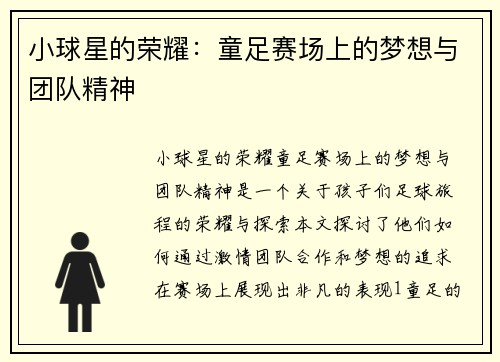 小球星的荣耀：童足赛场上的梦想与团队精神