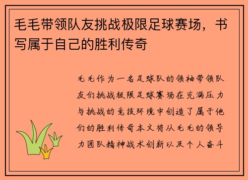 毛毛带领队友挑战极限足球赛场，书写属于自己的胜利传奇