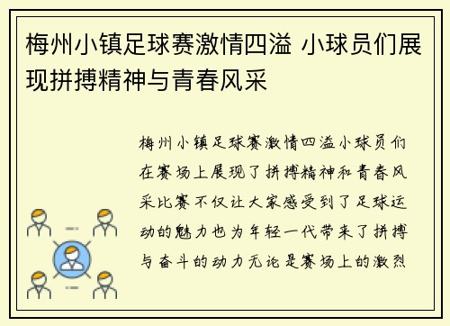 梅州小镇足球赛激情四溢 小球员们展现拼搏精神与青春风采