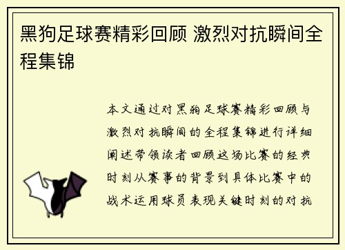 黑狗足球赛精彩回顾 激烈对抗瞬间全程集锦