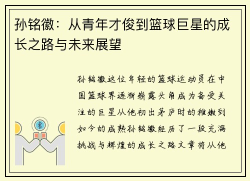 孙铭徽：从青年才俊到篮球巨星的成长之路与未来展望
