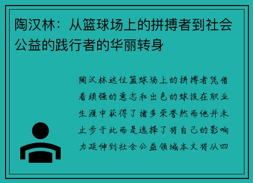 陶汉林：从篮球场上的拼搏者到社会公益的践行者的华丽转身