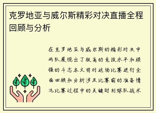克罗地亚与威尔斯精彩对决直播全程回顾与分析
