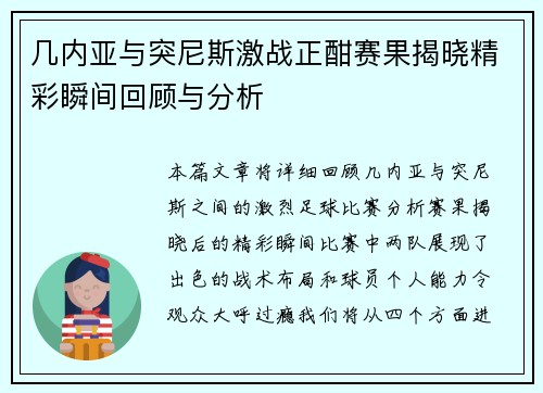 几内亚与突尼斯激战正酣赛果揭晓精彩瞬间回顾与分析