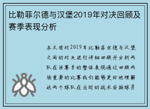 比勒菲尔德与汉堡2019年对决回顾及赛季表现分析