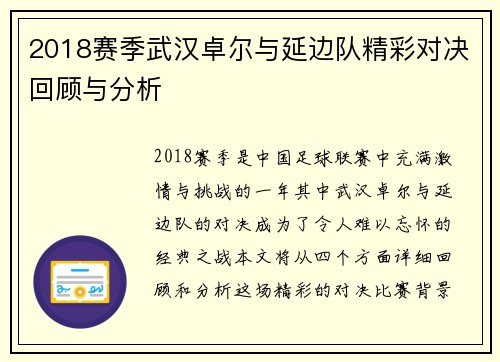 2018赛季武汉卓尔与延边队精彩对决回顾与分析