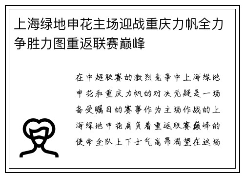 上海绿地申花主场迎战重庆力帆全力争胜力图重返联赛巅峰