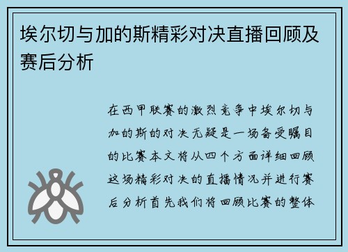 埃尔切与加的斯精彩对决直播回顾及赛后分析