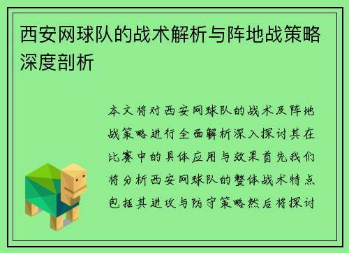 西安网球队的战术解析与阵地战策略深度剖析