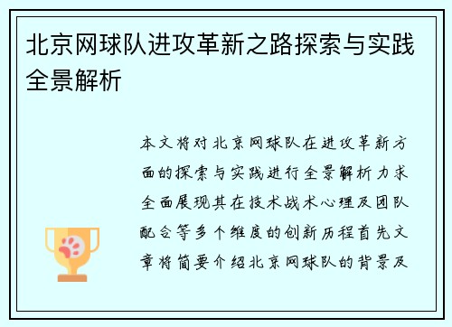 北京网球队进攻革新之路探索与实践全景解析