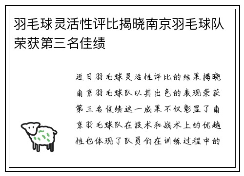 羽毛球灵活性评比揭晓南京羽毛球队荣获第三名佳绩