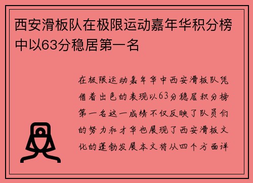 西安滑板队在极限运动嘉年华积分榜中以63分稳居第一名